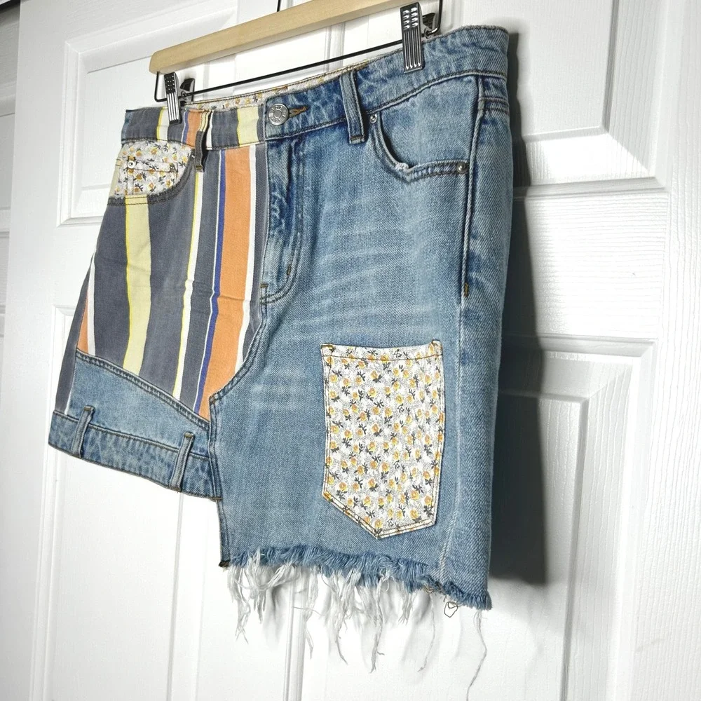 BDG Denim Mini Skirt Asymmetrical Patchwork Striped Floral‎ Size Large